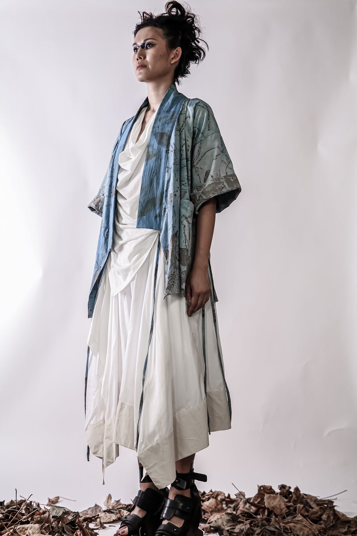 Handmade Indigo Dye and Botanical Print I/B Kimono Jacket
